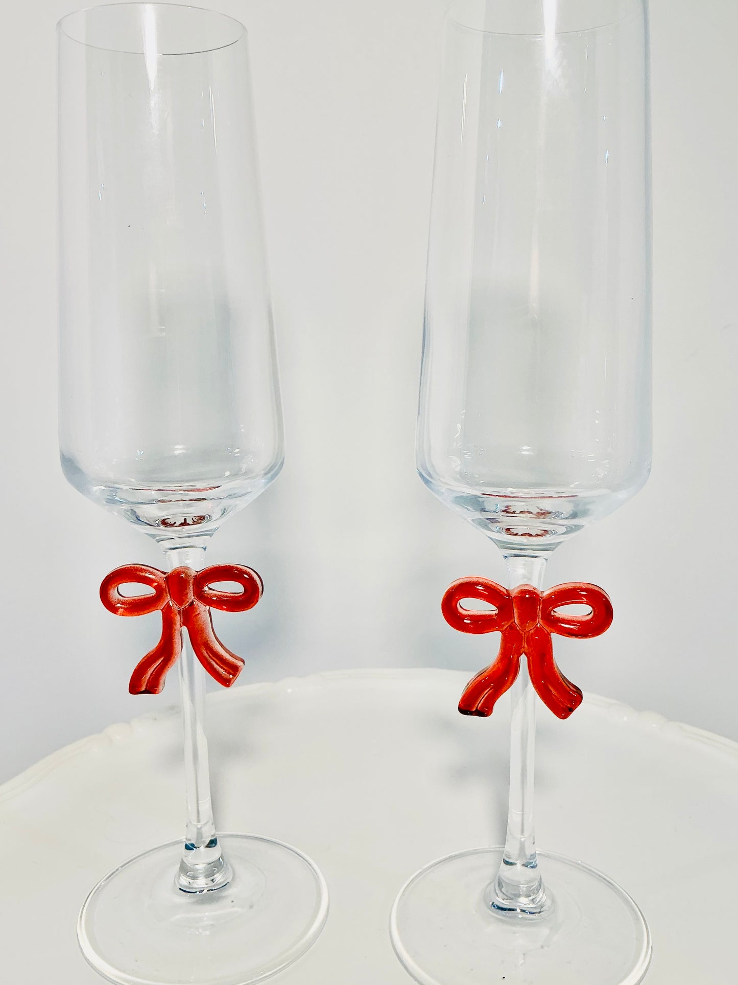 Set of 2 Red Bow Coquette Champagne Glasses 9.5” Tall, perfect for Weddings / Celebrations