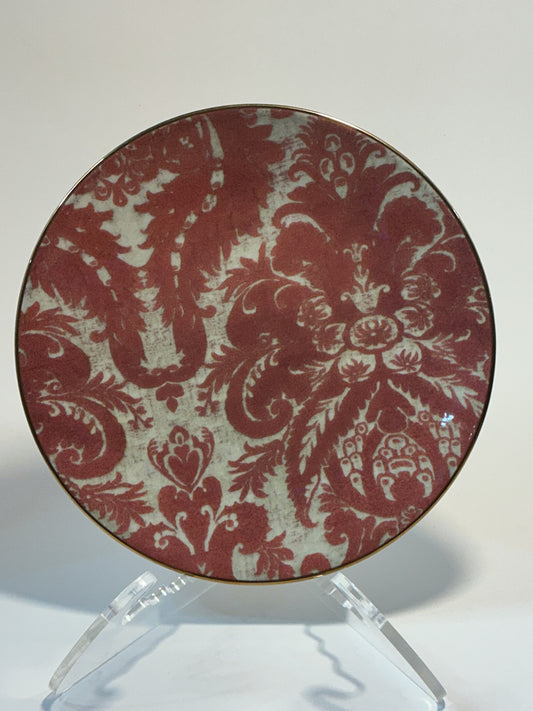 Pottery Barn Stella Damask Stoneware 8.7” Salad Plate with Gold Trim Blush red