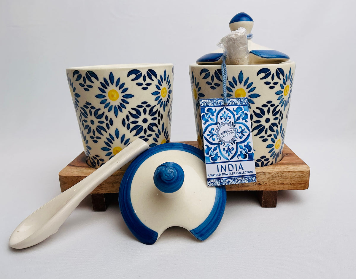 Pair of Hand-Painted Barni/pickle Jars w/ Spoons part of the World Traveler Collection ( multiple Designs)
