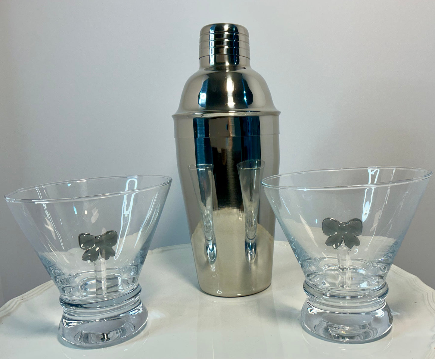 Dress your Drink, Set of 2 Stemless Martini Glasses and a Cocktail Shaker- Coquette Aesthetic Black