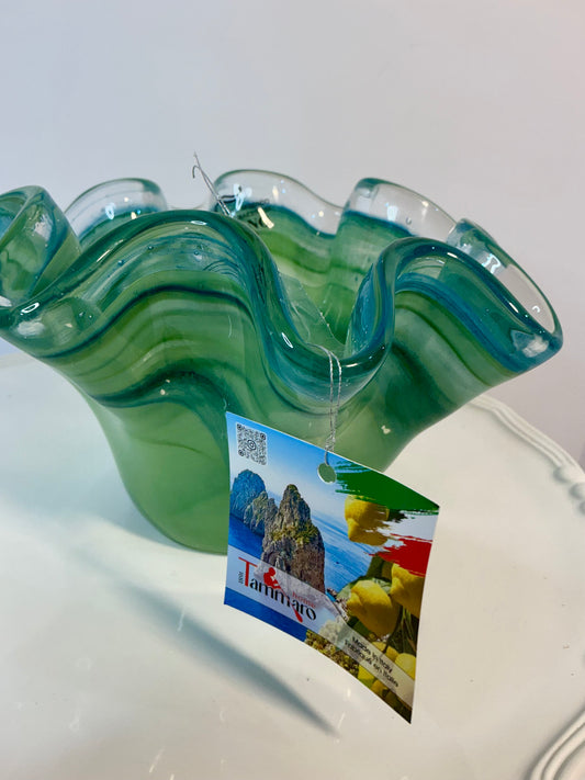 Murano Vetro Eseguito , handblown ruffled centerpiece, Vintage, Made in Italy.