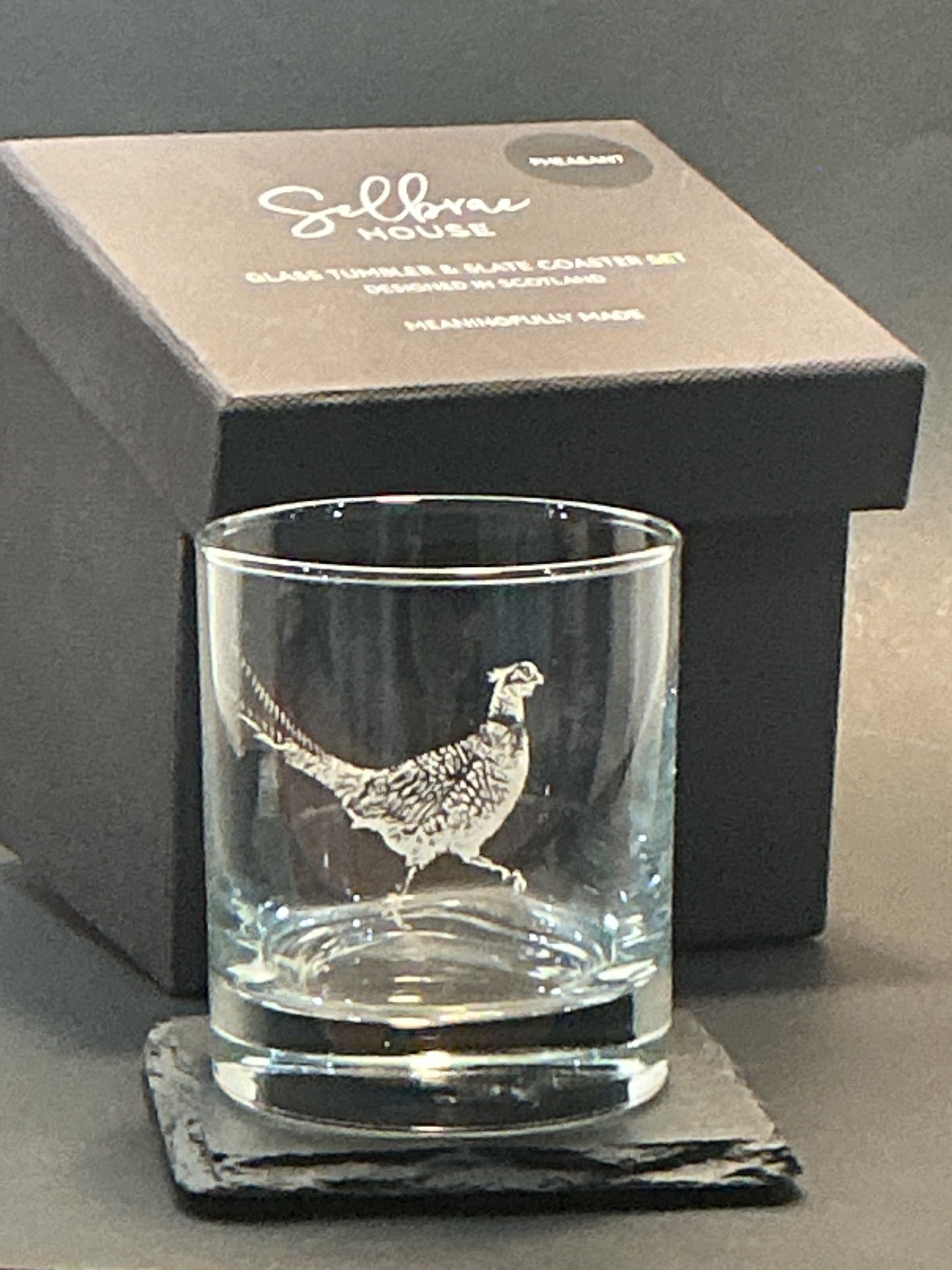 Selbrae House Pheasant Whisky Glass and Coaster Gift Set Made in Scotland , Meaningfully Made
