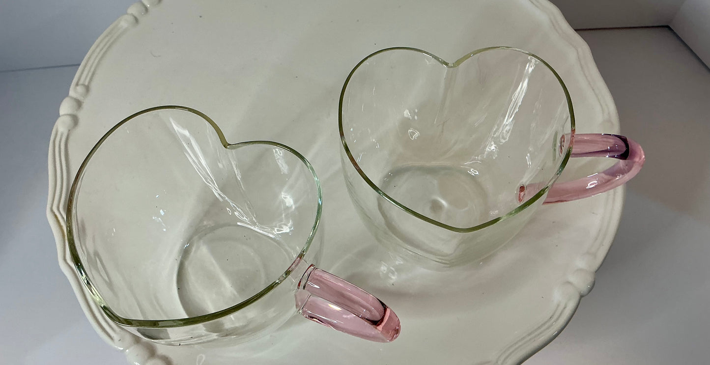 BKLYN Steel Novelty Collection set of 2 glass heart mugs w/ pink handles-14oz-