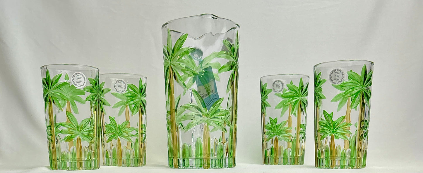 Retro Hand-Painted Tropical Palm Tree Glassware Set- 50fl oz- Pitcher & 4 or 6 Highball Glasses