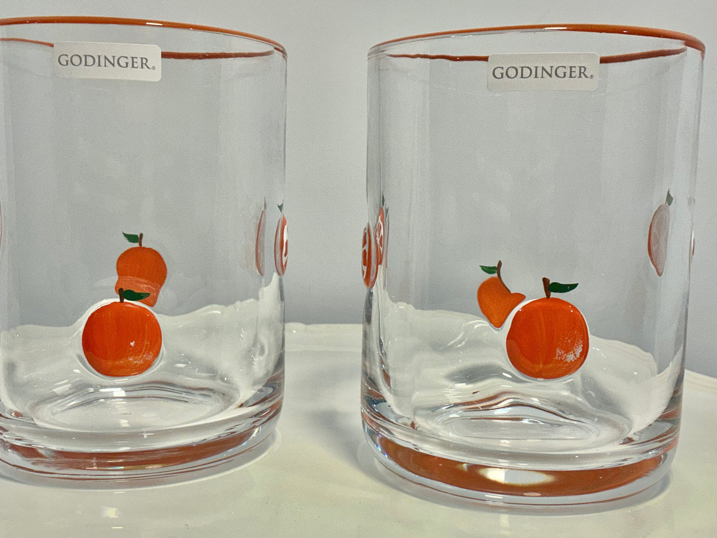 Godinger Icon Set of 2 Oranges themed designs Juice Glasses,hand blown
