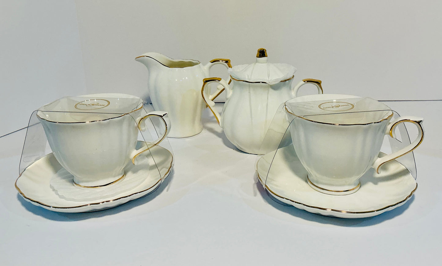 Grace’s Teaware Set of 2 Fine Porcelain Tea/Coffee cups & Saucers w/ creamer & sugar bowl