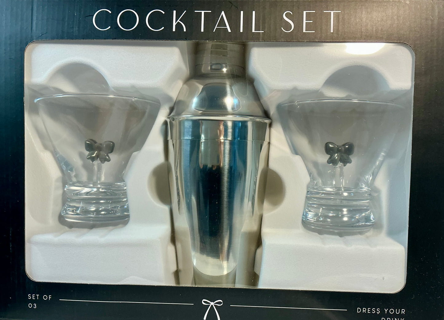 Dress your Drink, Set of 2 Stemless Martini Glasses and a Cocktail Shaker- Coquette Aesthetic Black