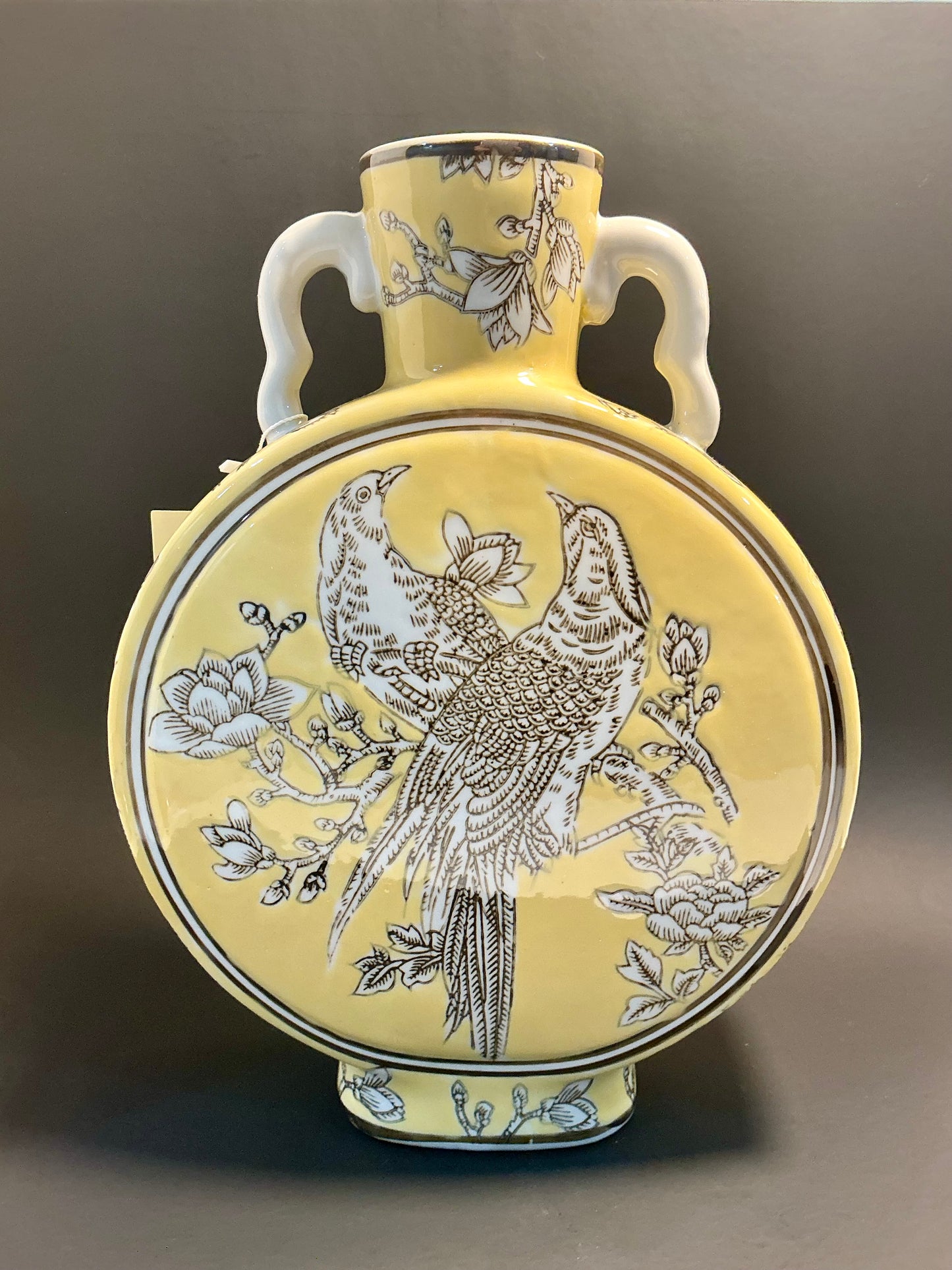 Three Hands Yellow Chinoiserie Bird & Floral Moon Flask Vase, double handled, hand painted vintage