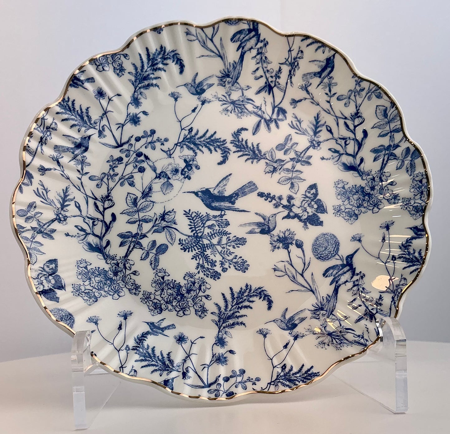 Grace Teaware Blue & White Botanical Bird Toile Dinner or Salad/Dessert Plate – Fine Porcelain