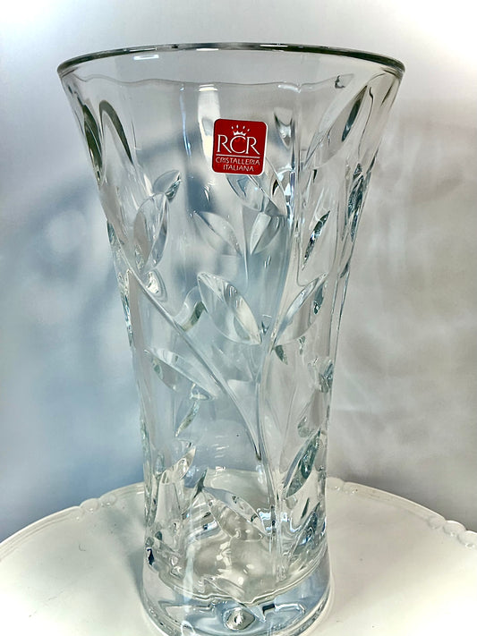 RCR Royal Crystal Rock Laurus Vintage Vase-11” Cut Crystal Floral Leaf Design,Made in Italy
