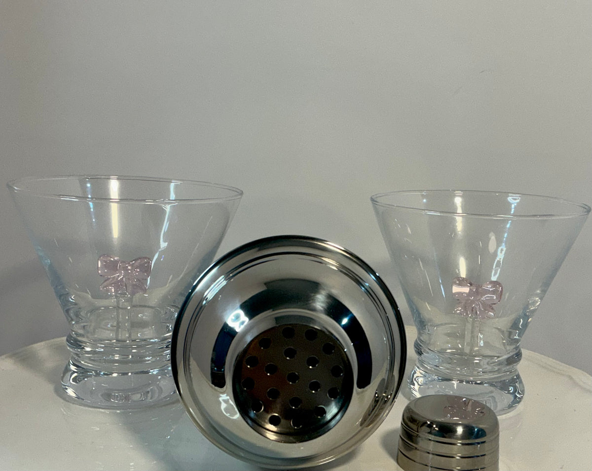 Dress your Drink, Set of 2 Stemless Martini Glasses and a Cocktail Shaker- Coquette Aesthetic Pink