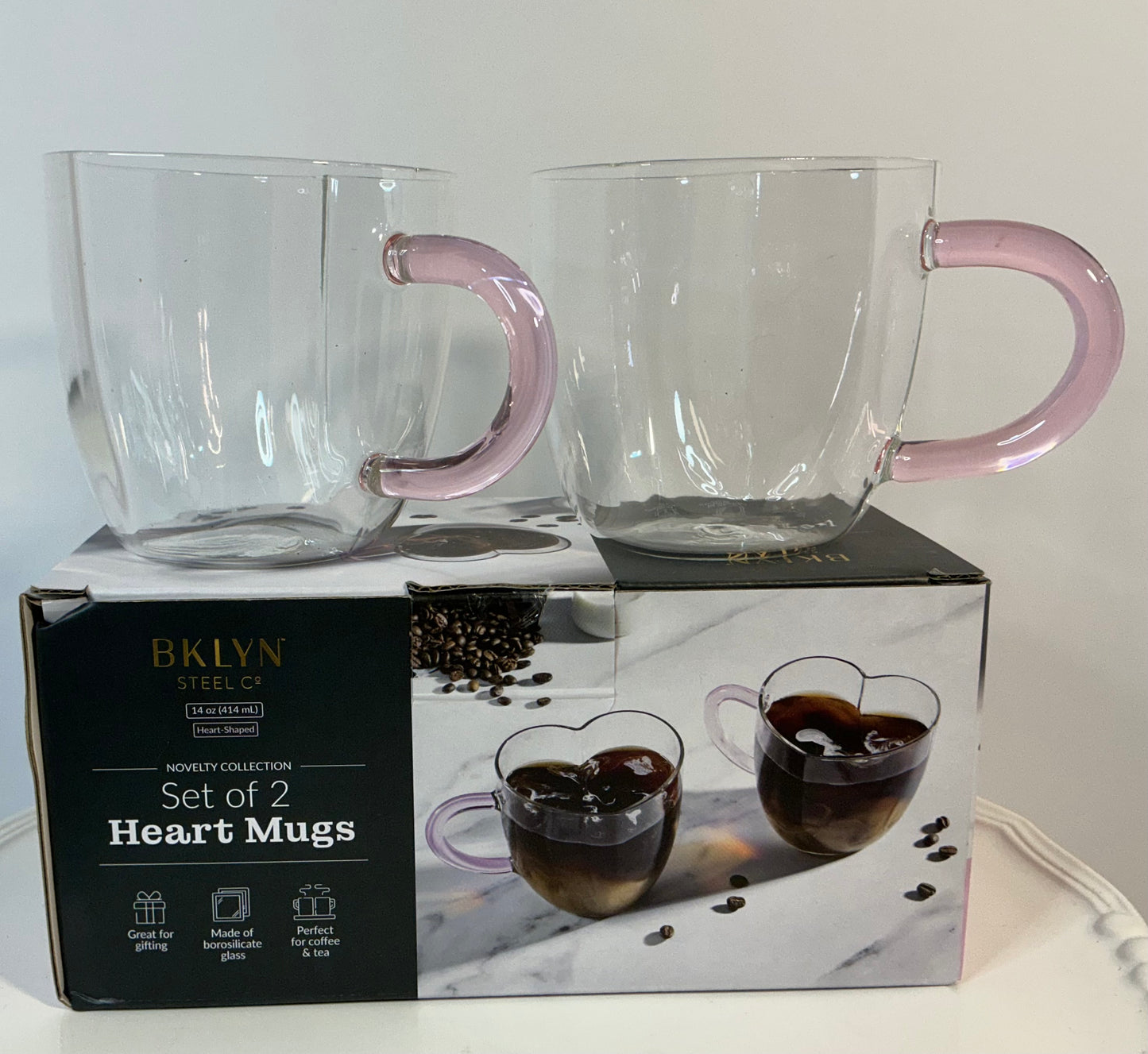 BKLYN Steel Novelty Collection set of 2 glass heart mugs w/ pink handles-14oz-