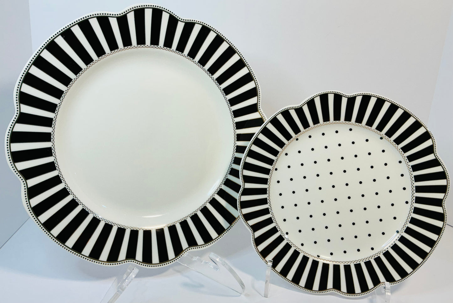 Grace’s Teaware Black & white Josephine Striped & Dots Collection, Set of 2 Plates ( 11” & 9”)