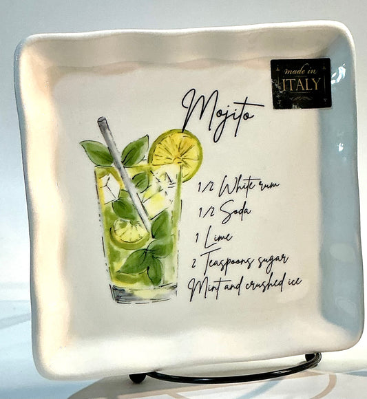 Ceramica Cuore Cocktail Appetizer Plate with Recipe Of Mojito. Made in Italy