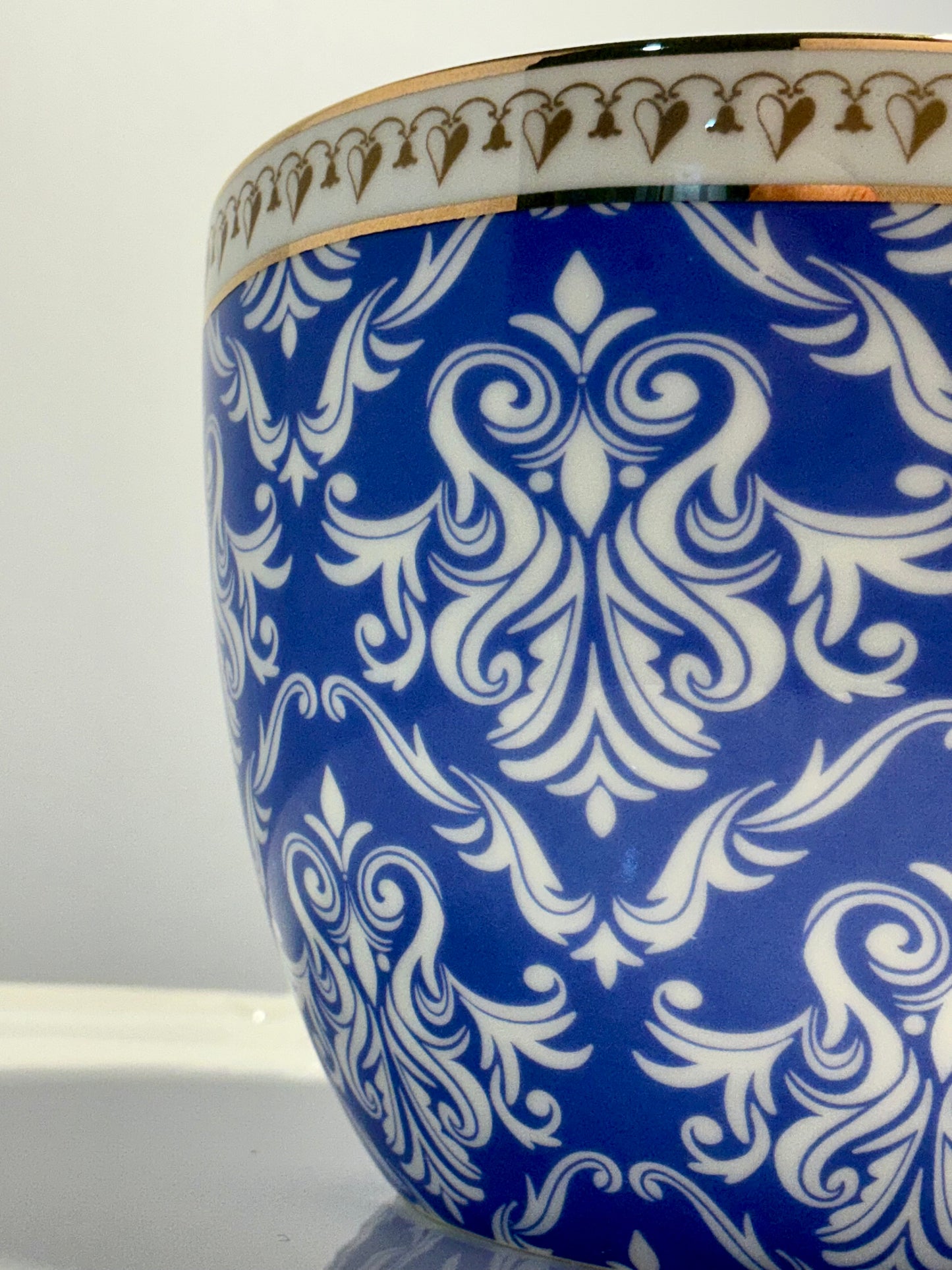 The English Mug co.Old Pottery Bone In China Blue Gold Boho Design