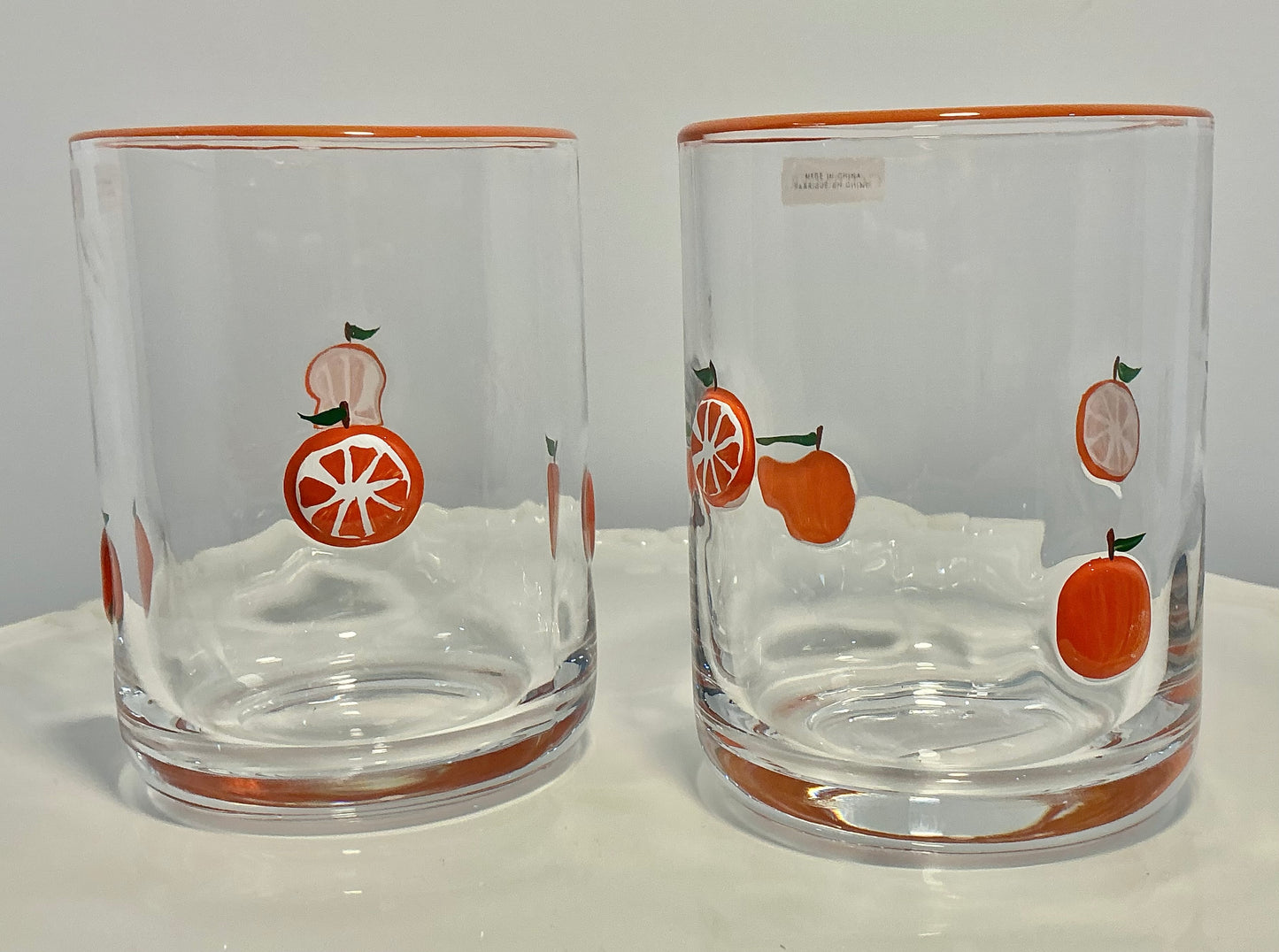 Godinger Icon Set of 2 Oranges themed designs Juice Glasses,hand blown
