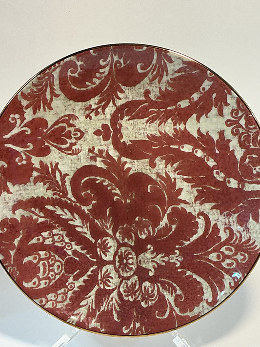 Pottery Barn Stella Damask Stoneware 8.7” Salad Plate with Gold Trim Blush red