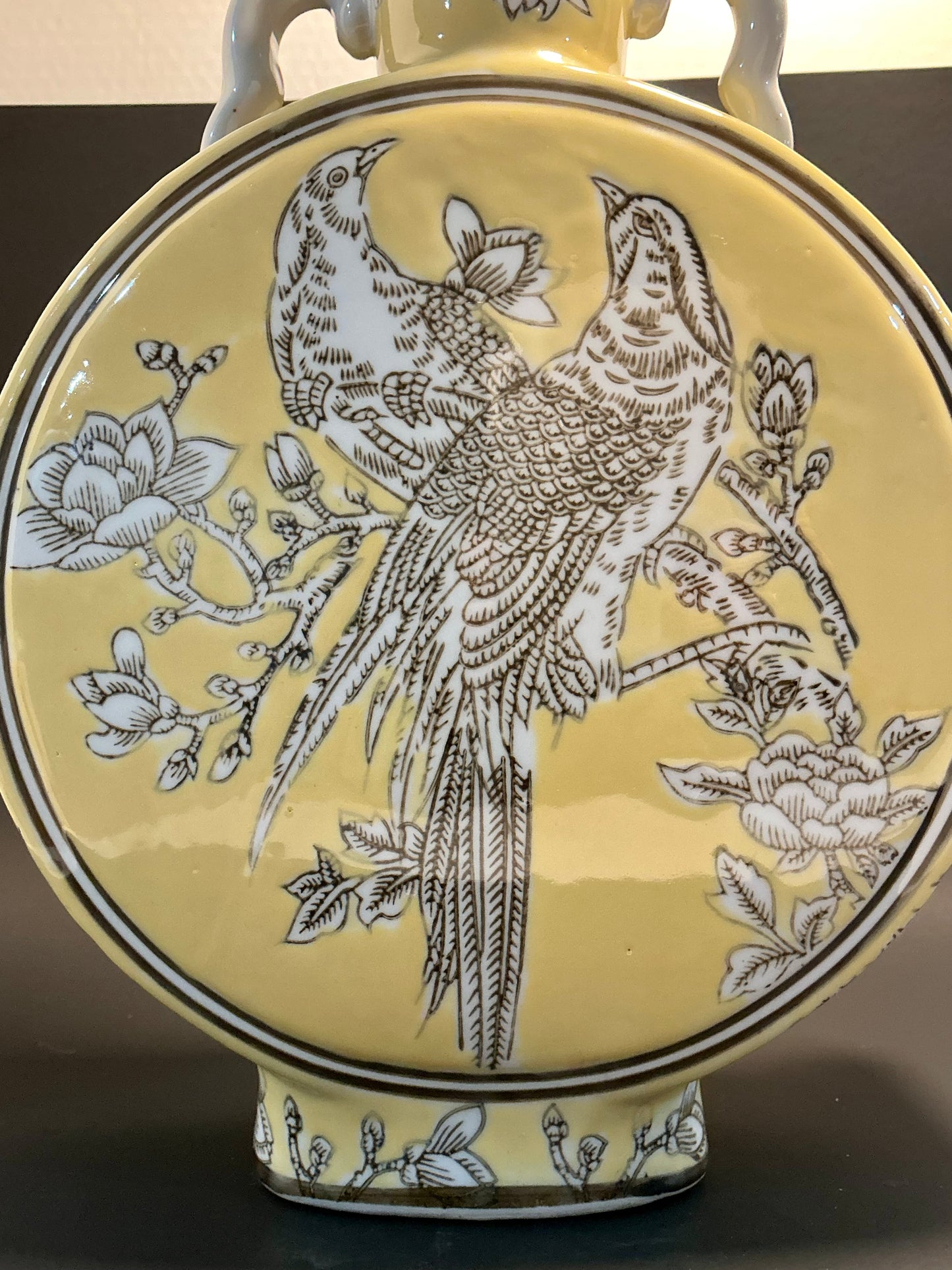 Three Hands Yellow Chinoiserie Bird & Floral Moon Flask Vase, double handled, hand painted vintage