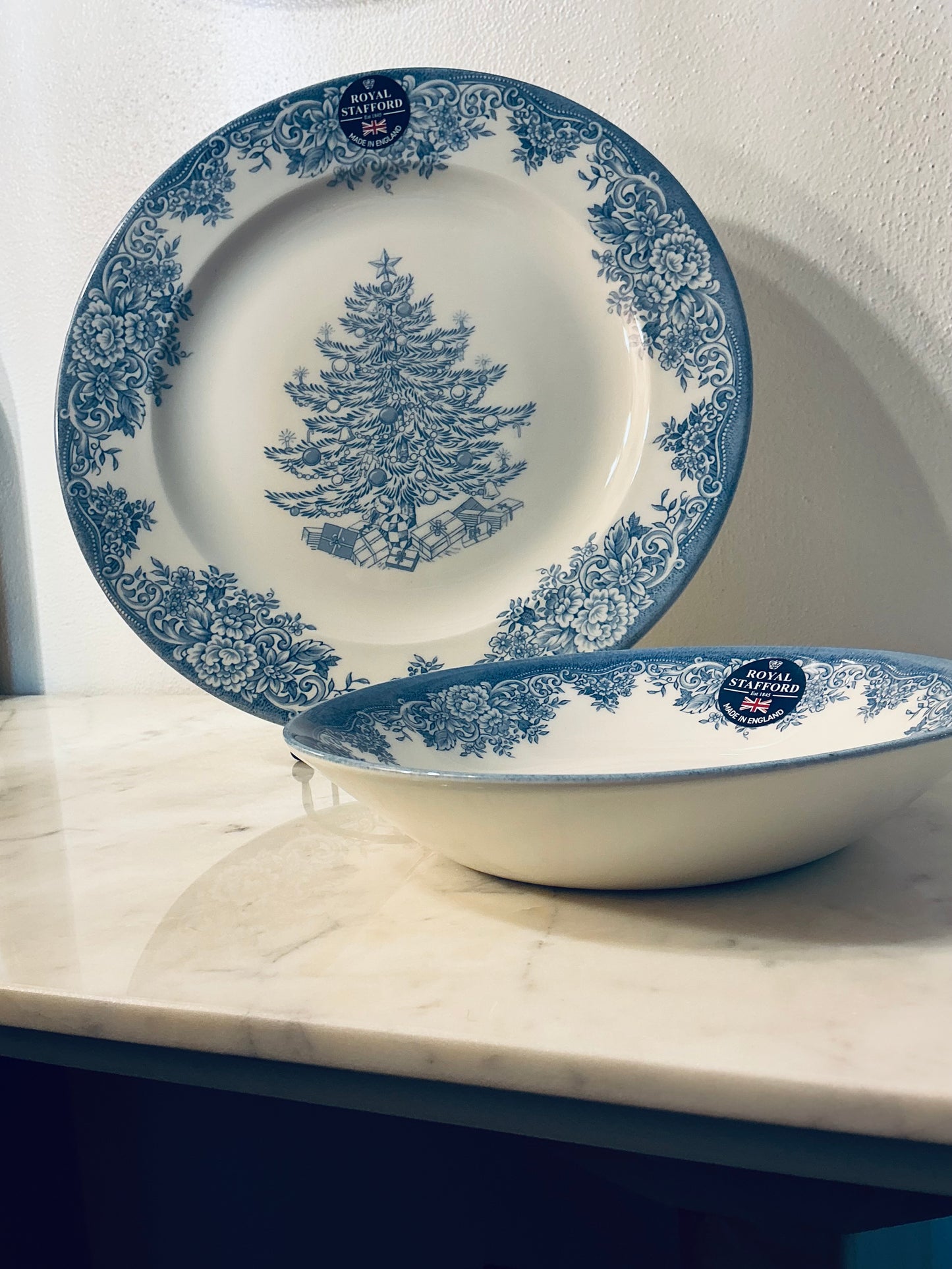 Royal Stafford Christmas Tree * 2 DINNER PLATES * Blue, England, NEW