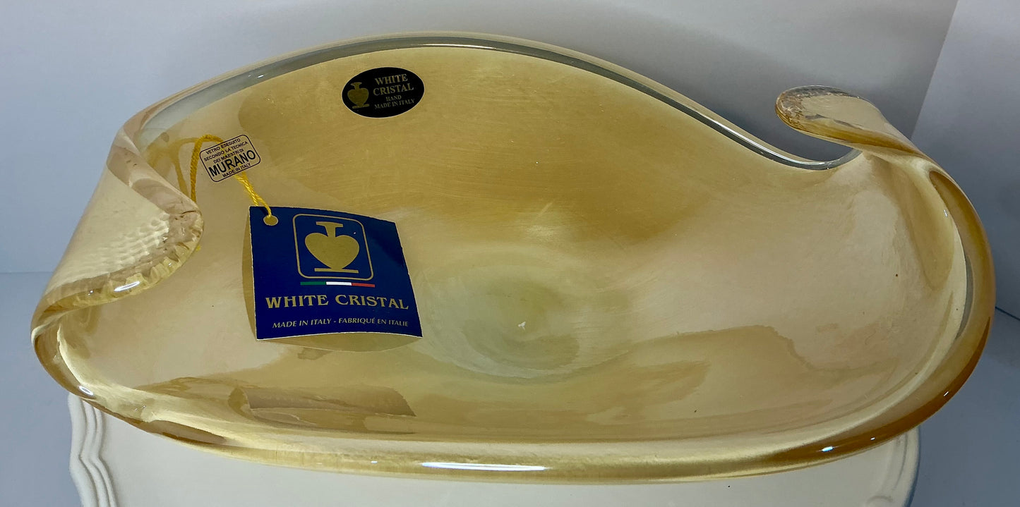 Vintage Murano "White Crystal " centerpiece bowl made in Italy, handcrafted design and signature labels, 11”x3.5”
