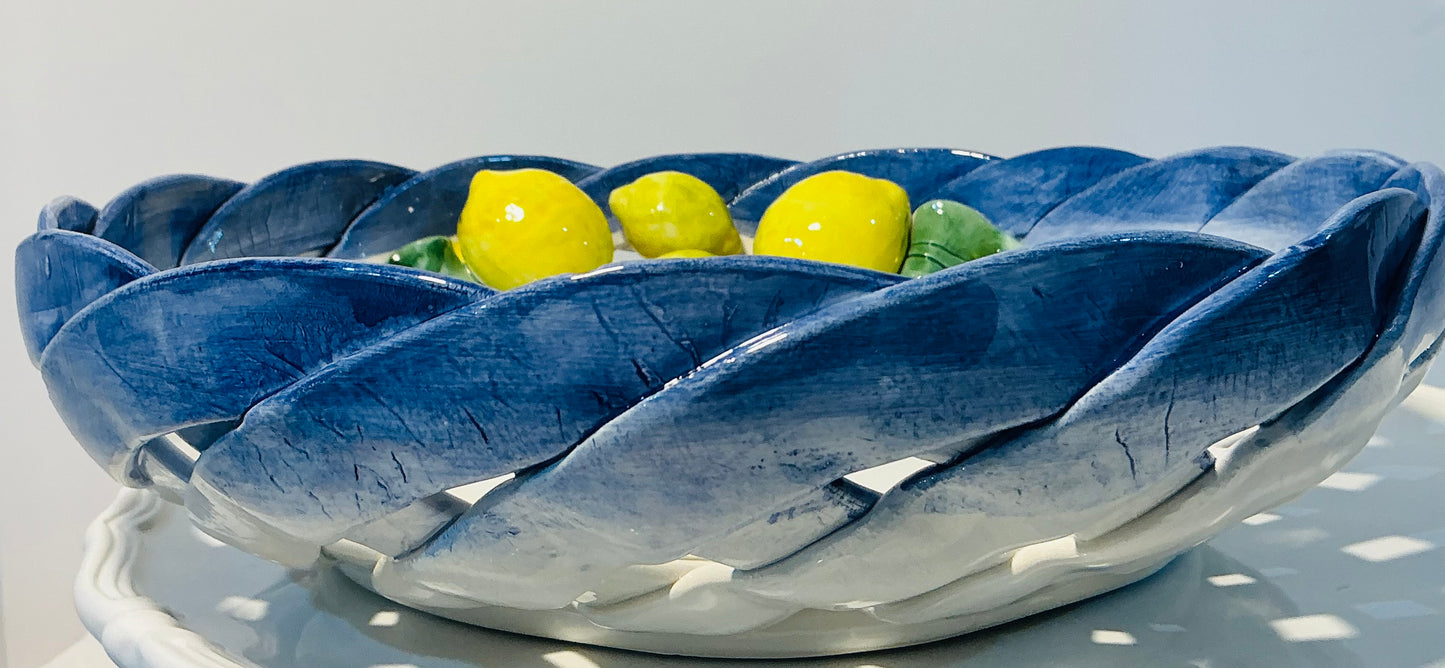 Lanzarin Italian Majolica Lemon Serving Bowl ,Handcrafted Ceramic Fruit Dish w/ Blue Rim