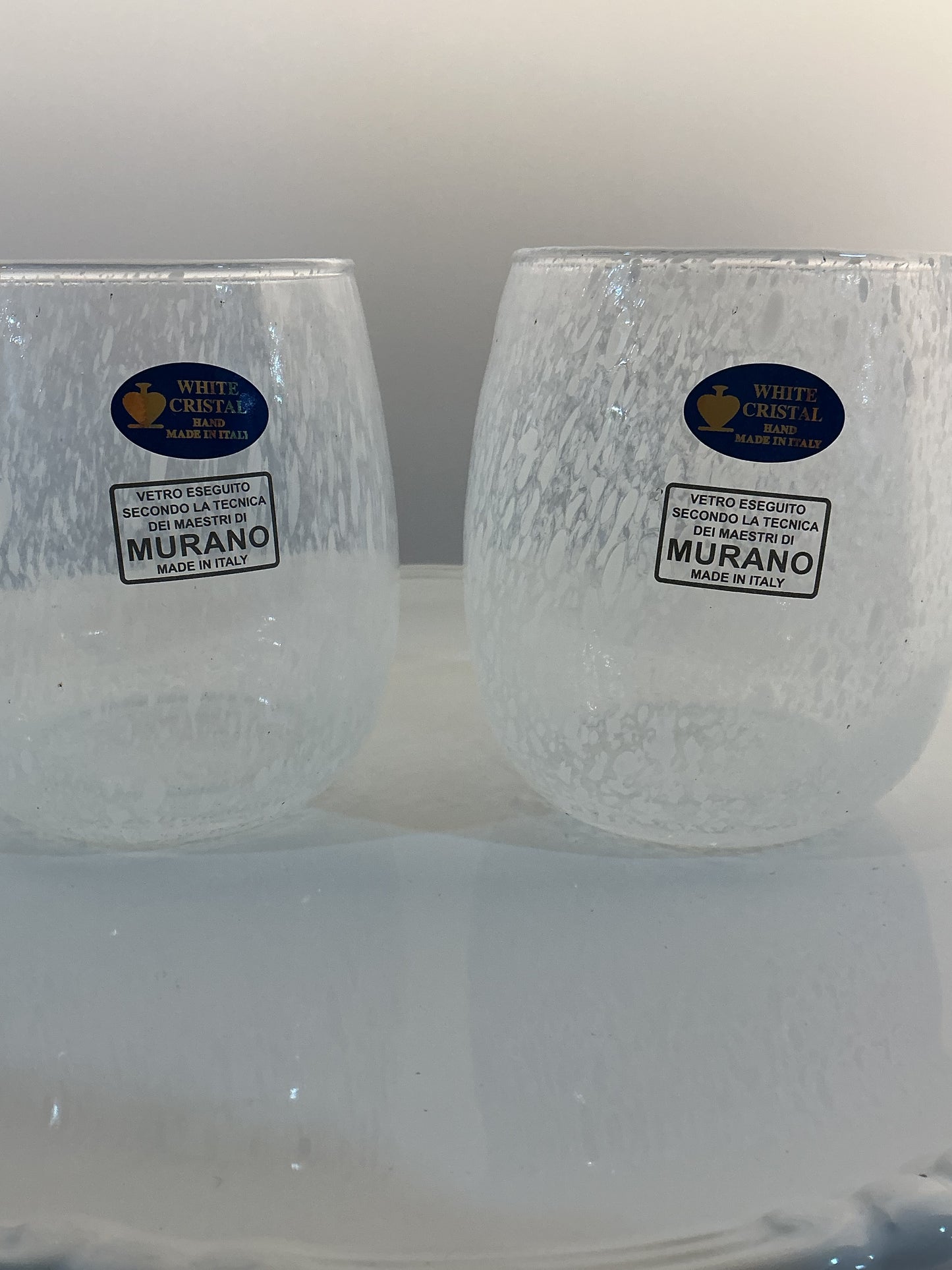 MURANO White Crystal Confetti Glass, Set of 2 Hand Blown in Italy