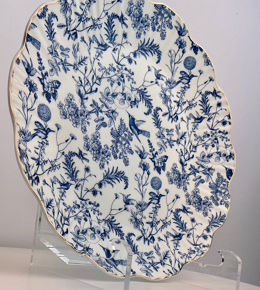Grace Teaware Blue & White Botanical Bird Toile Dinner or Salad/Dessert Plate – Fine Porcelain