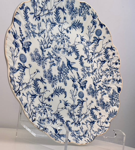 Grace Teaware Blue & White Botanical Bird Toile Dinner or Salad/Dessert Plate – Fine Porcelain