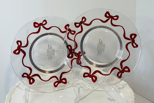 Set of 2 Coquette Red Bow Border Salad/Dessert Glass Plates 7.5”