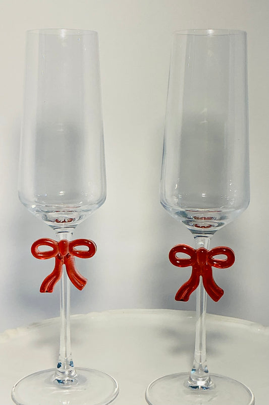 Set of 2 Red Bow Coquette Champagne Glasses 9.5” Tall, perfect for Weddings / Celebrations