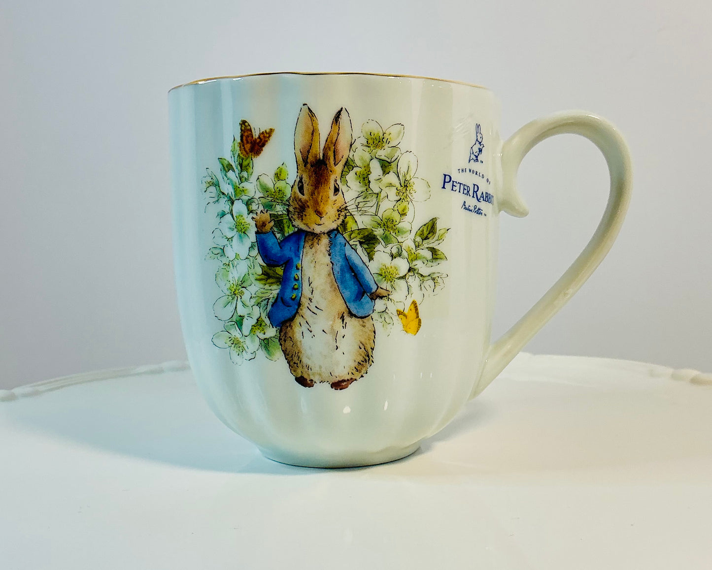 Beatrix Potter Peter Rabbitt a Scalloped Edges an Gol Trim Dinner Plate 10.5”set w/ matching Mug 4”