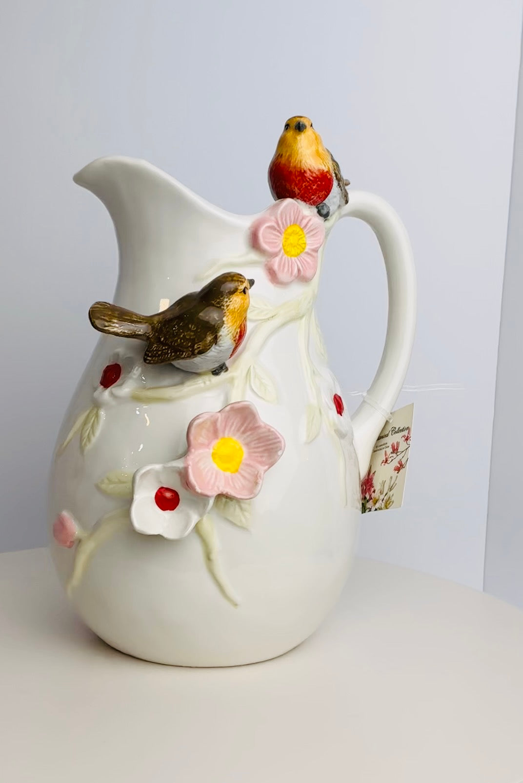 CornerRuby Ceramic Robin Bird Pitcher | 3D Sculpted Flowers & Robins | Cream Decorative Jug 9"