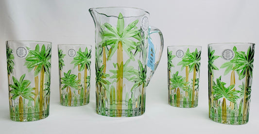 Retro Hand-Painted Tropical Palm Tree Glassware Set- 50fl oz- Pitcher & 4 or 6 Highball Glasses