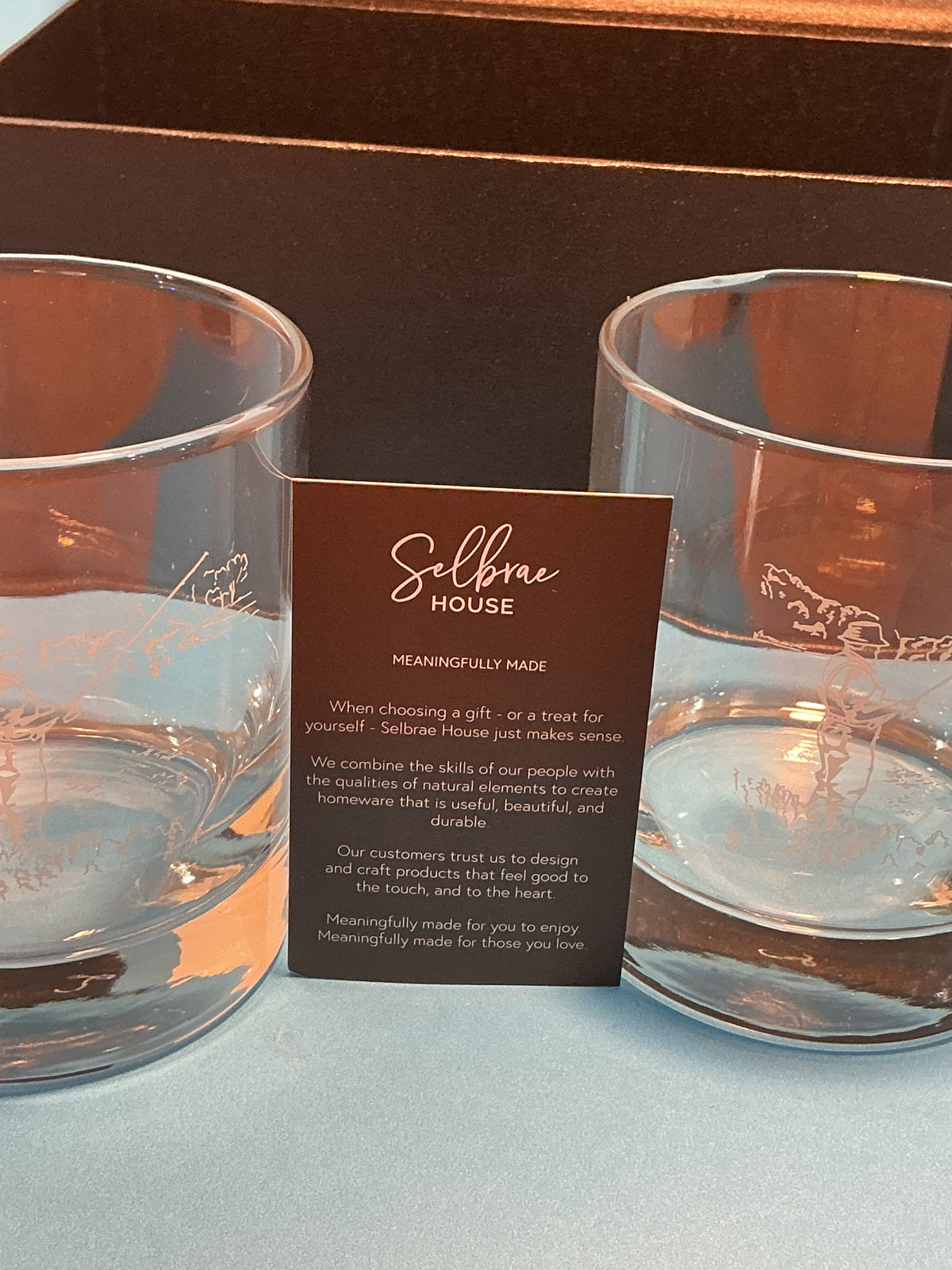 Selbrae House glass tumblers with Fishing Themed Etching of a person fly fishing set of 2 made in Scotland