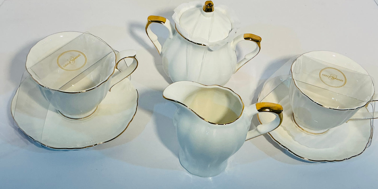 Grace’s Teaware Set of 2 Fine Porcelain Tea/Coffee cups & Saucers w/ creamer & sugar bowl