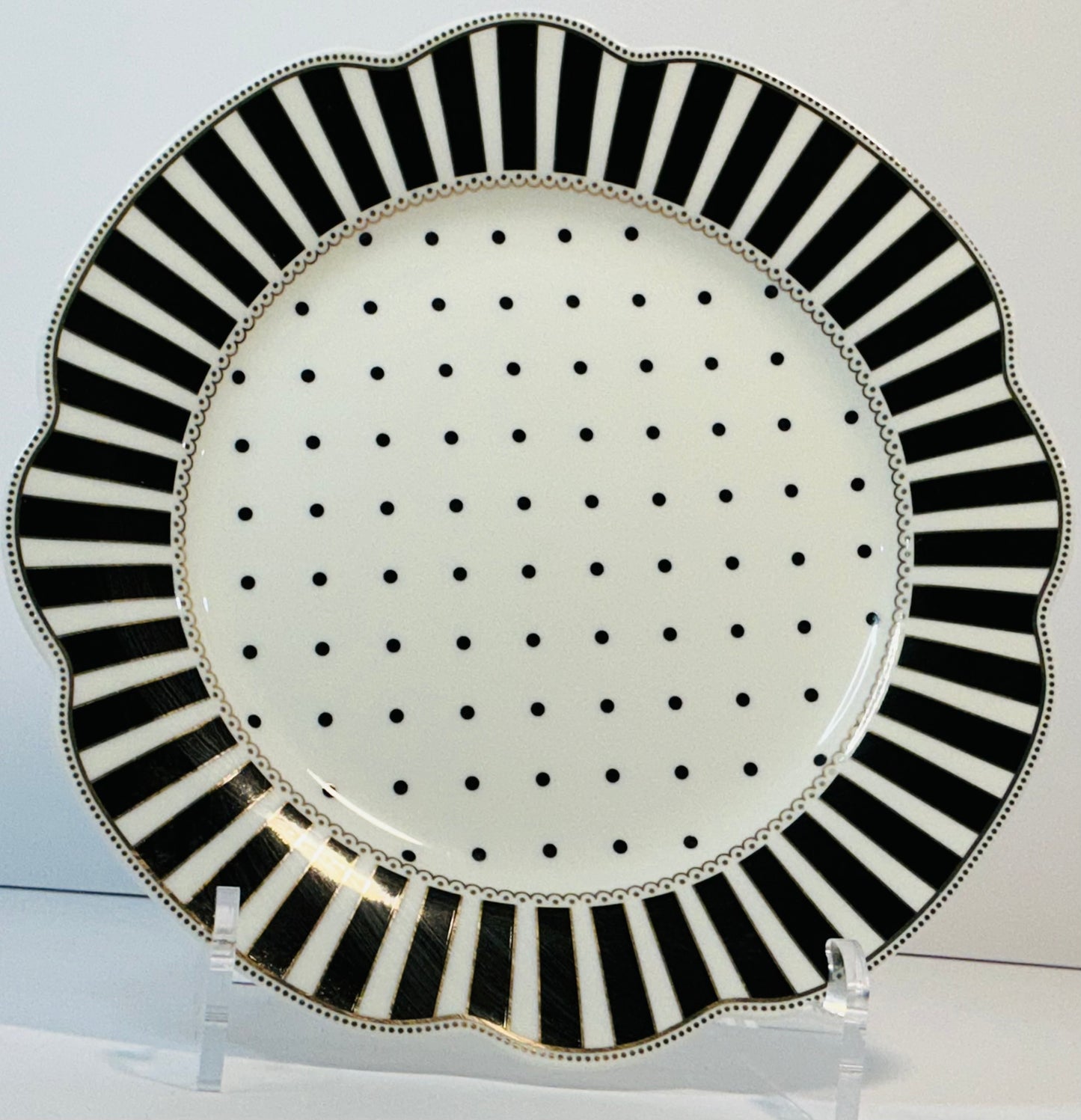 Grace’s Teaware Black & white Josephine Striped & Dots Collection, Set of 2 Plates ( 11” & 9”)