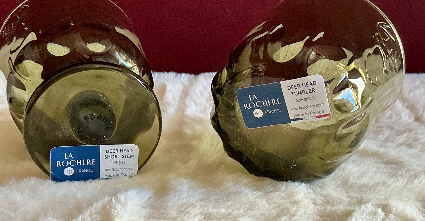 Set of 2 La Rochère Deer Head Whiskey Glass Tumbler 10.48 oz Olive Green