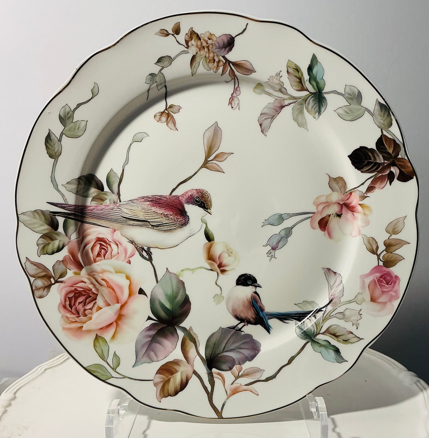 Grace Teaware fine porcelain dinner plate 10.3/4” featuring a pink magnolia bird design
