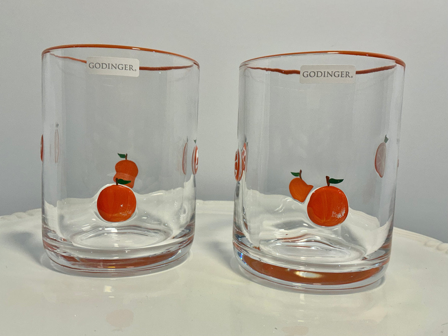 Godinger Icon Set of 2 Oranges themed designs Juice Glasses,hand blown