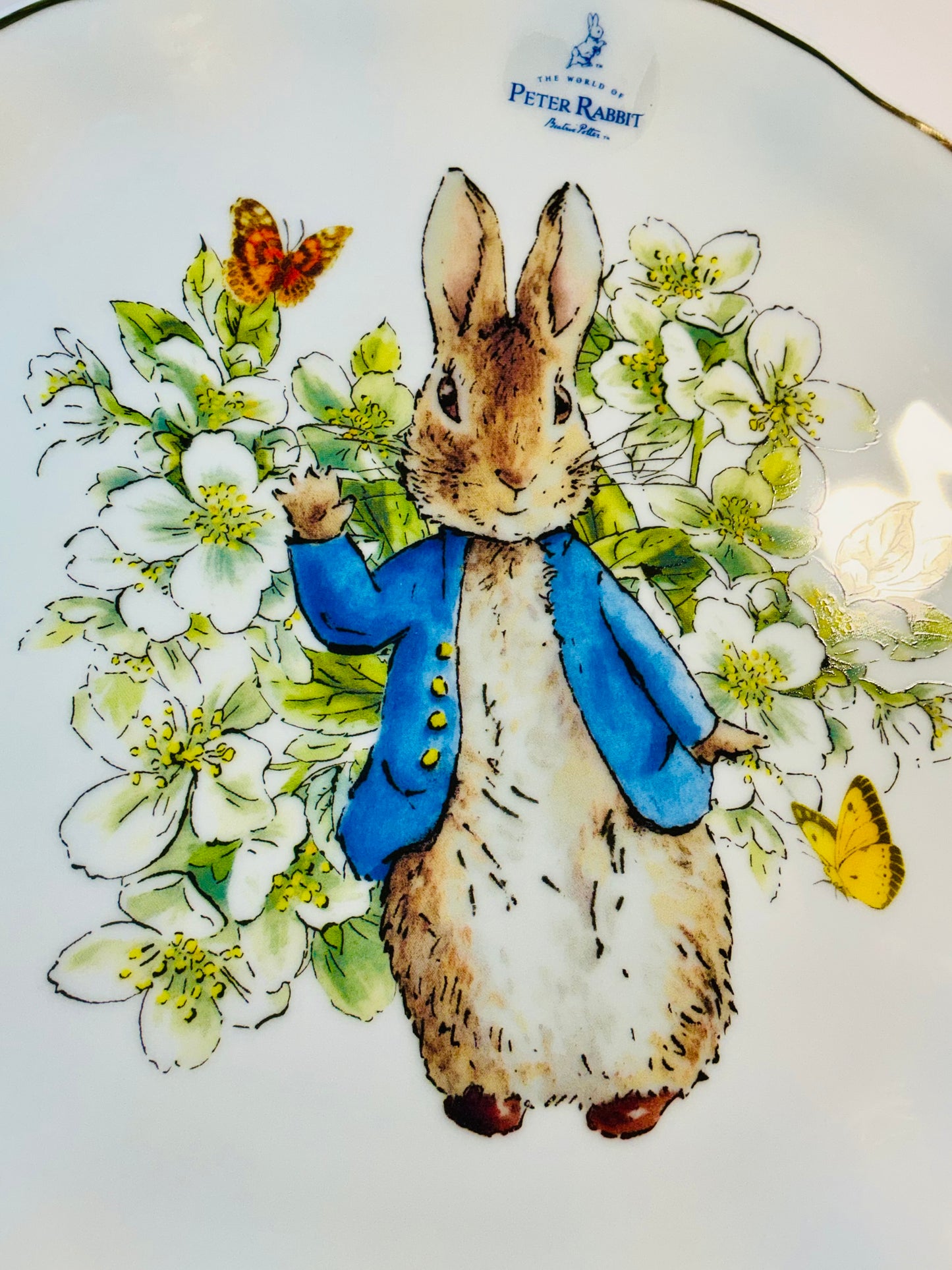 Beatrix Potter Peter Rabbitt a Scalloped Edges an Gol Trim Dinner Plate 10.5”set w/ matching Mug 4”