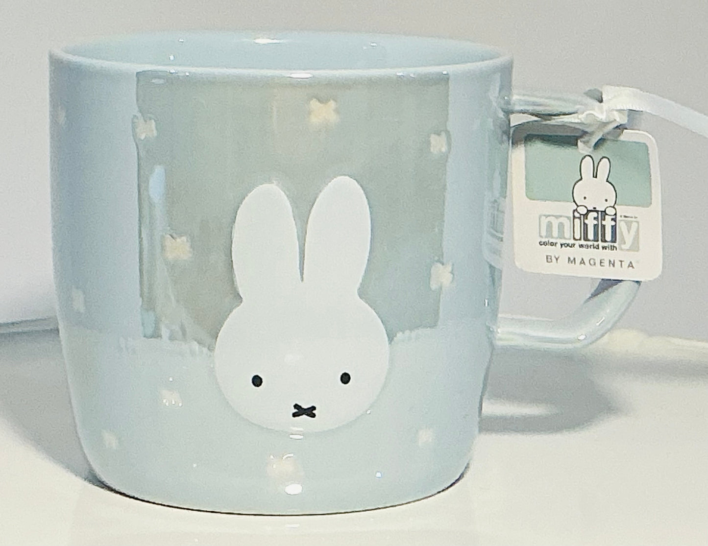 MIFFY By Magenta Bunny Rabbit Iridescent baby blue 18oz large ceramic mug.