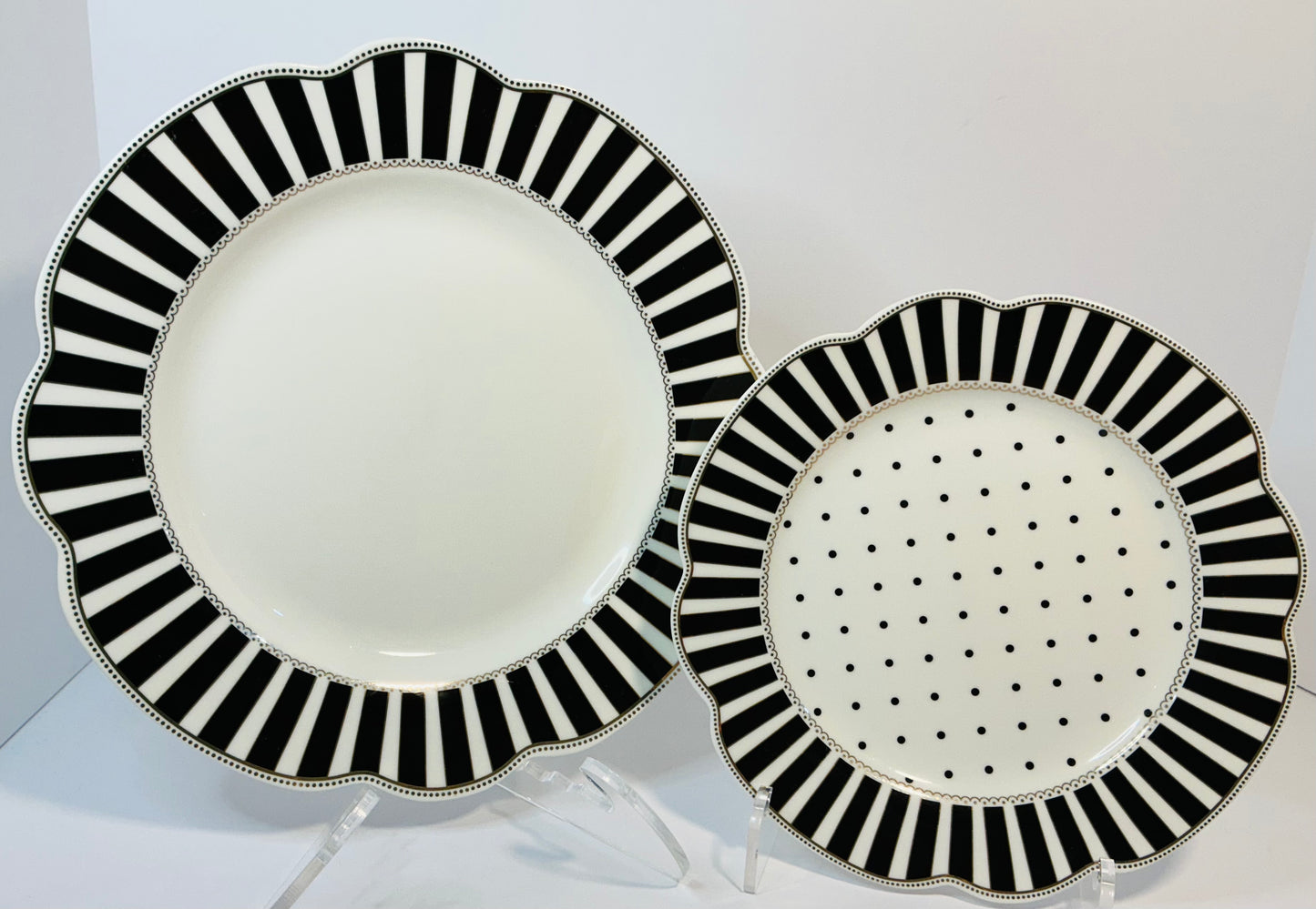 Grace’s Teaware Black & white Josephine Striped & Dots Collection, Set of 2 Plates ( 11” & 9”)