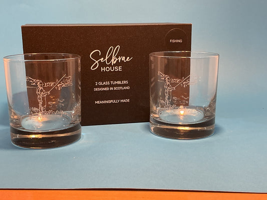 Selbrae House glass tumblers with Fishing Themed Etching of a person fly fishing set of 2 made in Scotland