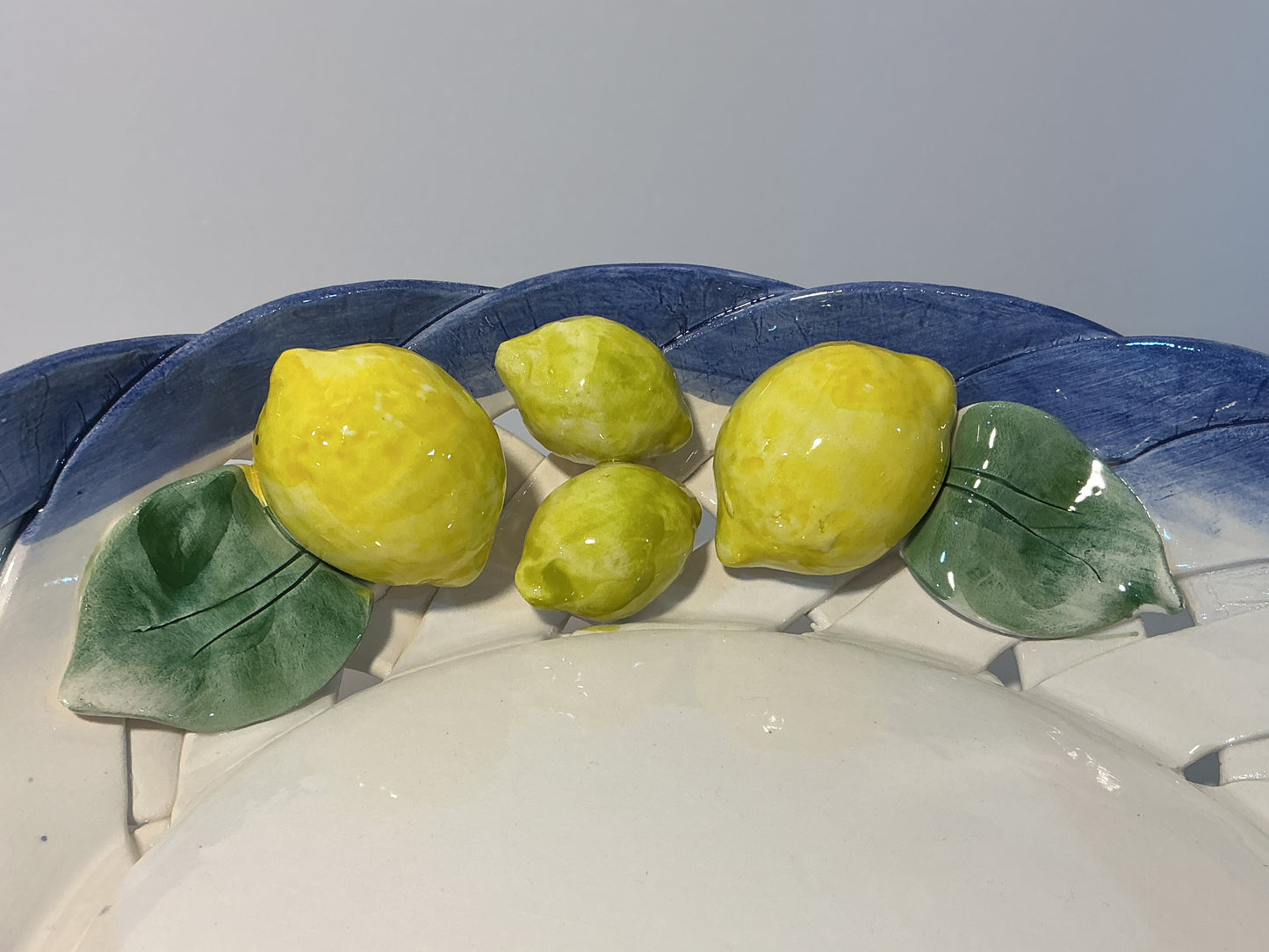 Lanzarin Italian Majolica Lemon Serving Bowl ,Handcrafted Ceramic Fruit Dish w/ Blue Rim