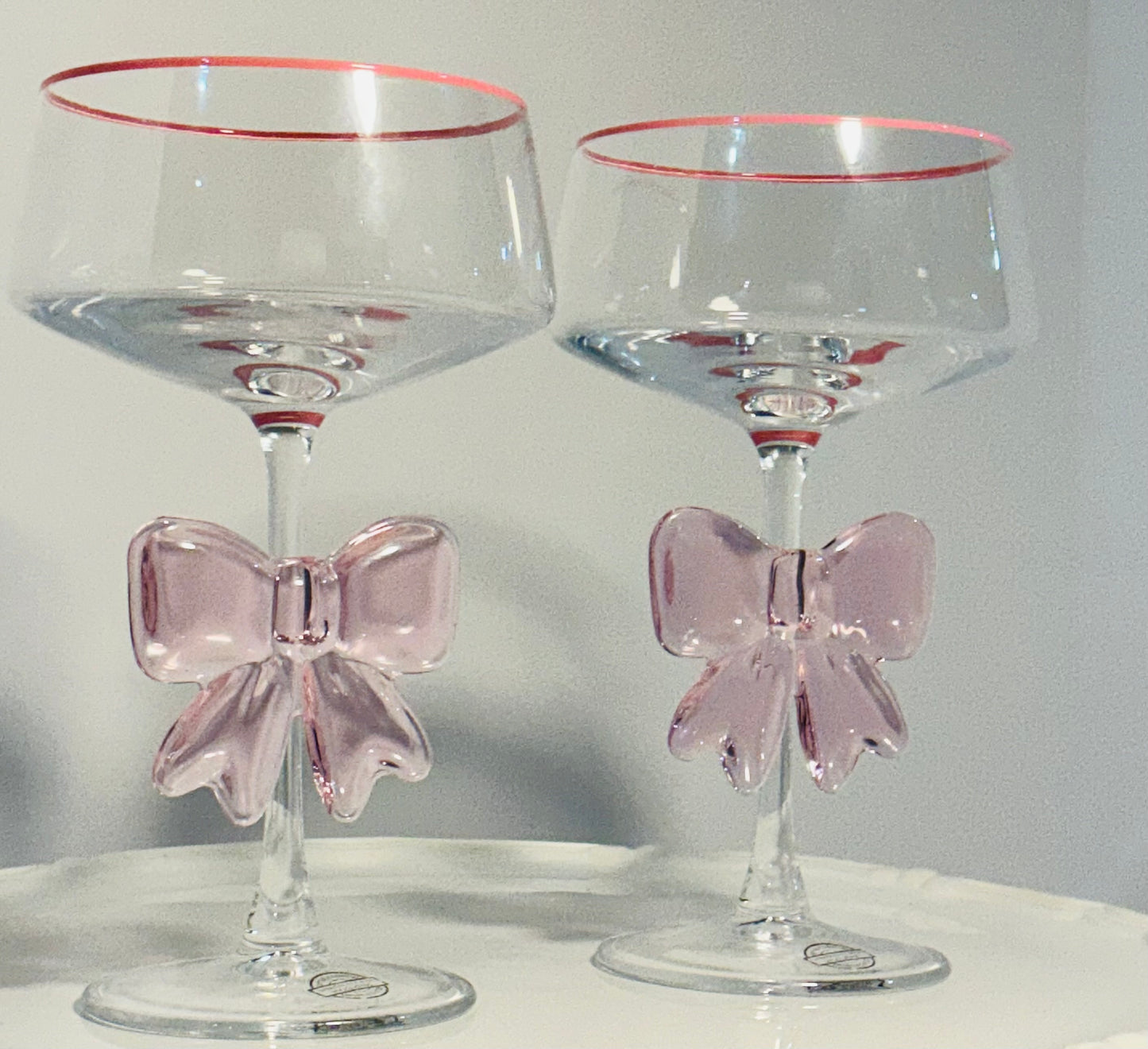 Set of 2 Coupe with Elegant Large Bow cocktail or Champagne Glasses 7” Tall