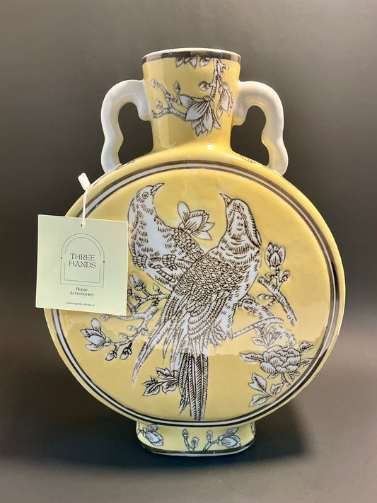 Three Hands Yellow Chinoiserie Bird & Floral Moon Flask Vase, double handled, hand painted vintage