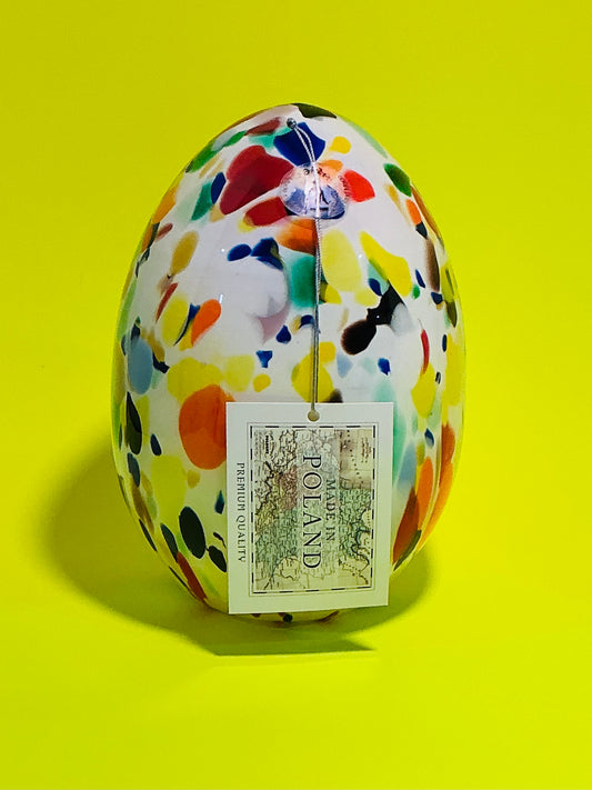 Zorza Egg Shaped with multicolored murrine inclusions , hand blown in Poland 7”x4” Tea-light. Made in Poland