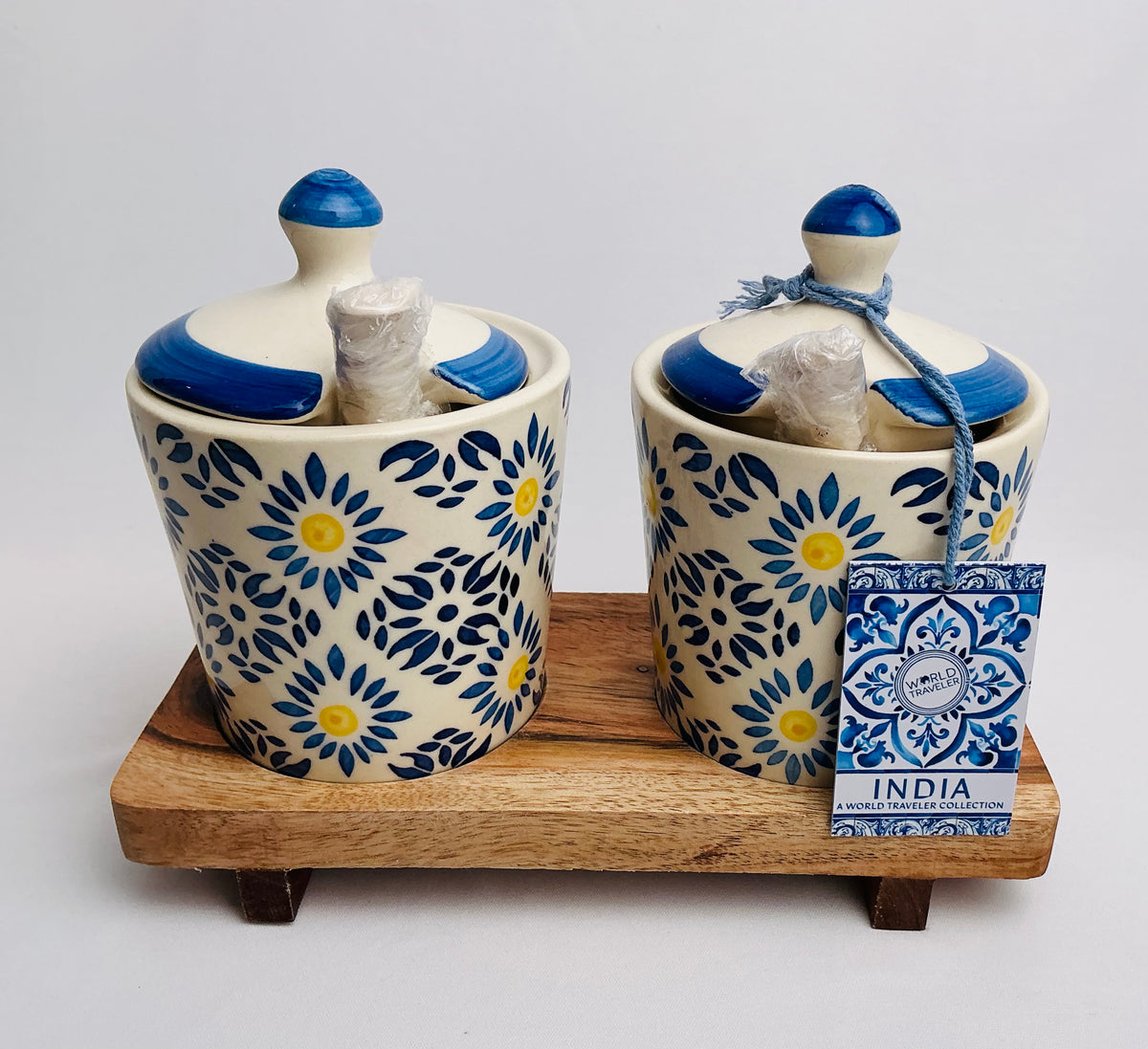 Pair of Hand-Painted Barni/pickle Jars w/ Spoons part of the World Traveler Collection ( multiple Designs)