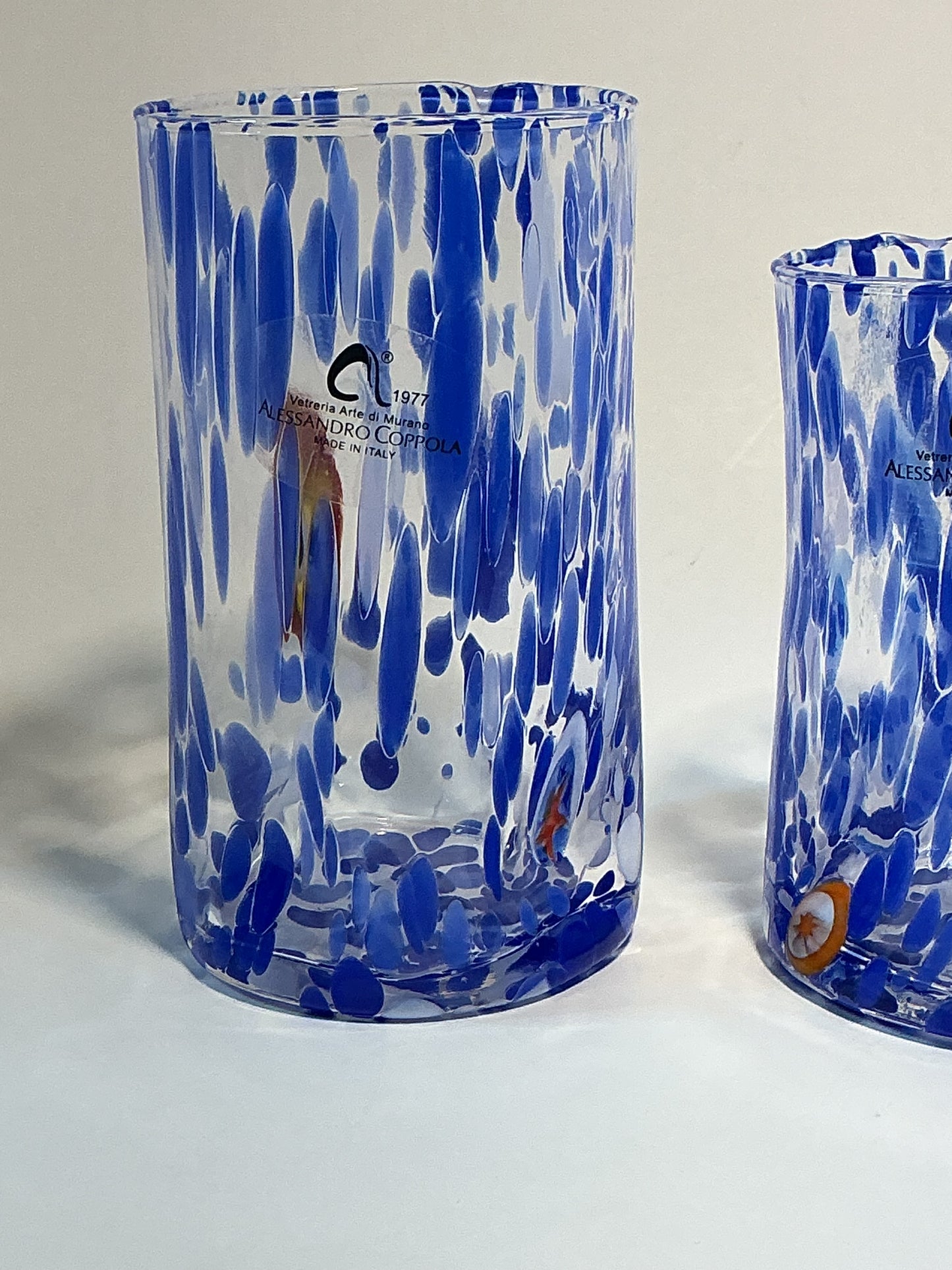 Set of 2 Arte Di Murano blue,multicolored Tumblers by Alessandro Coppola 16oz&10oz Made in Italy