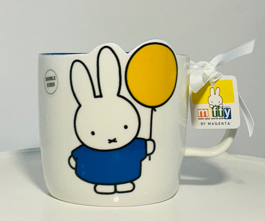 MIFFY By Magenta Bunny Rabbit holding a balloon 18oz large ceramic mug w/Blue interior